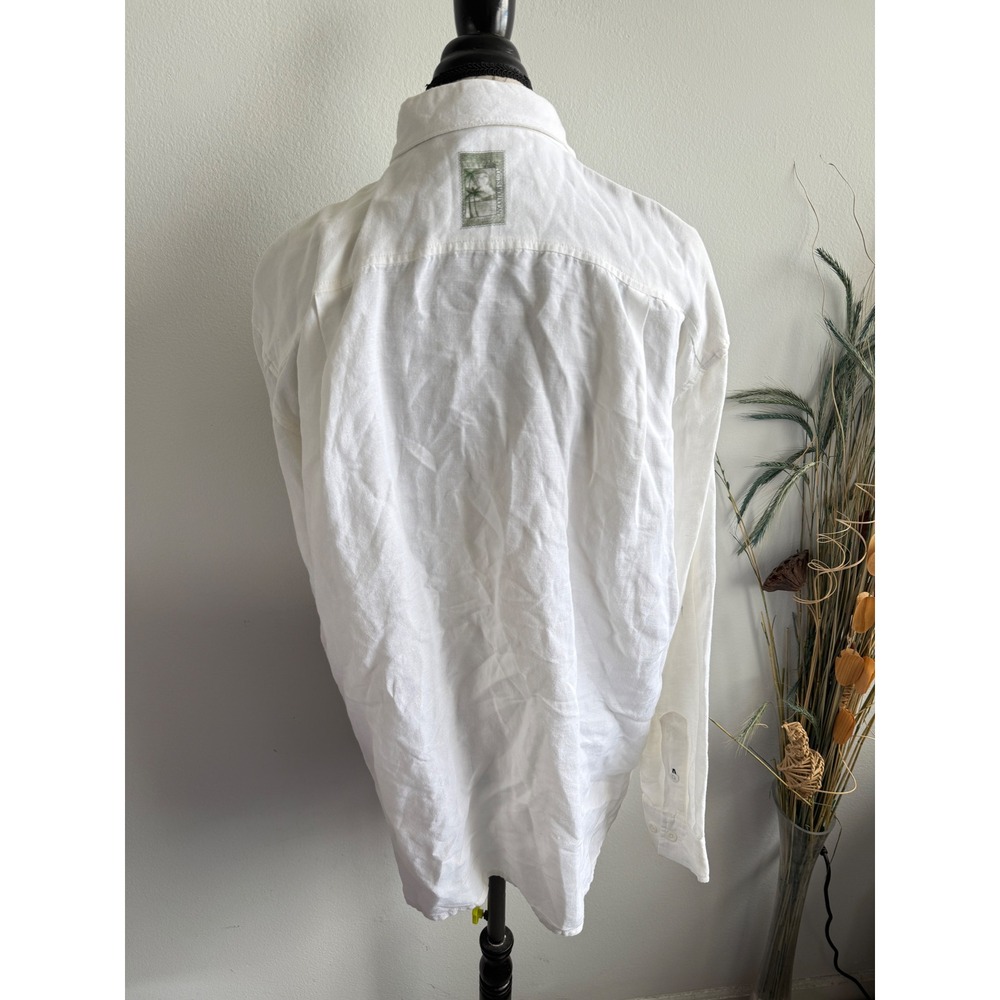 Indigo Palms Mens Large Linen Blend White Tropical Stamp Button‎ Down Shirt - Picture 4 of 7